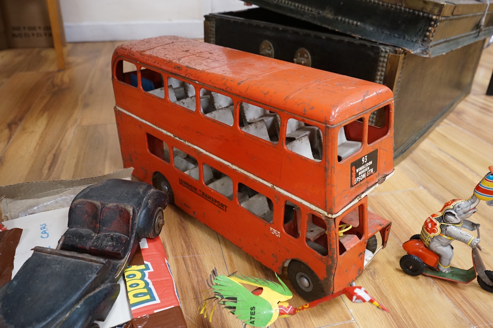 Toys - A Tri-Ang bus, Models of Yesteryear, wood car and two others